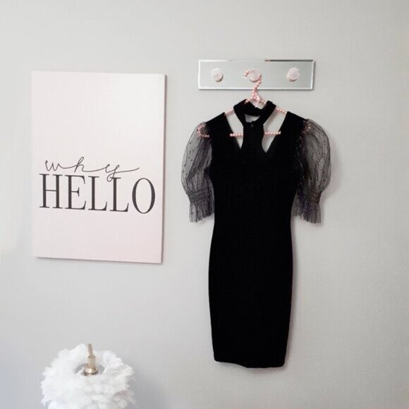 NWOT TFNC black & gold tulle sleeve choker velvet mini dress - Picture 8 of 13